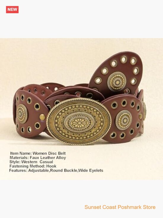 Womens Vintage Wide Western Cowgirl Disc Belt Faux Leather Boho Style main image 7